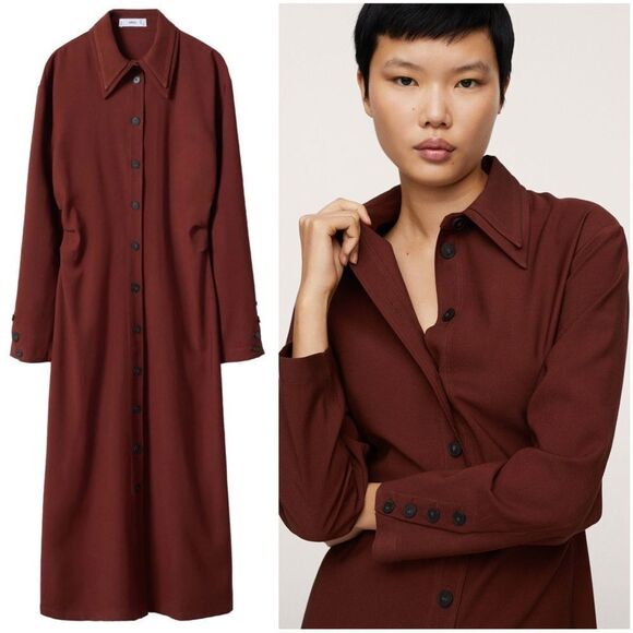 Mango Burgundy Shirt Midi Dress New - Picture 1 of 8